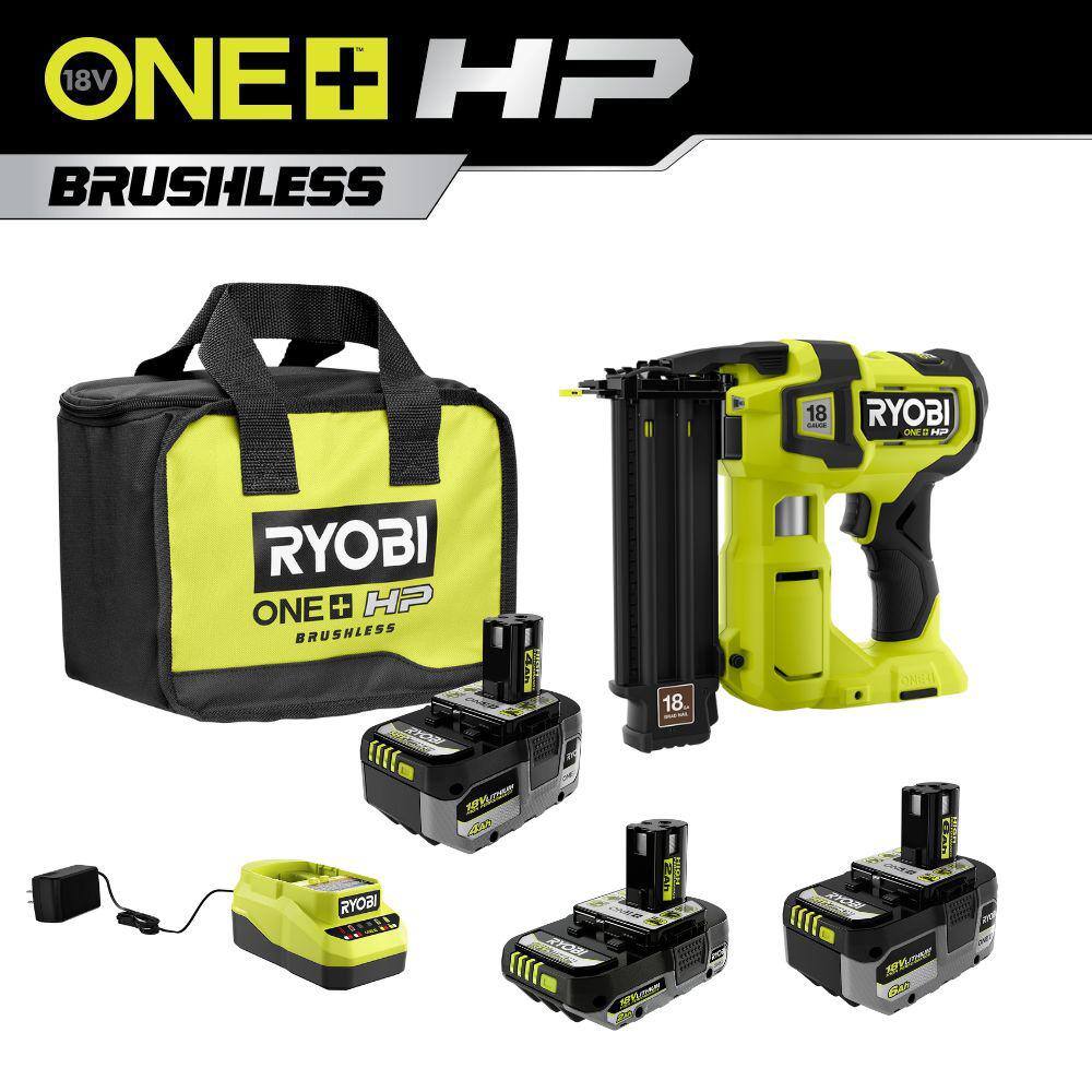 RYOBI ONE+ 18V Lithium-Ion 2.0 Ah 4.0 Ah and 6.0 Ah HIGH PERFORMANCE Batteries  Charger Kit w HP Brushless Brad Nailer PSK007-P322