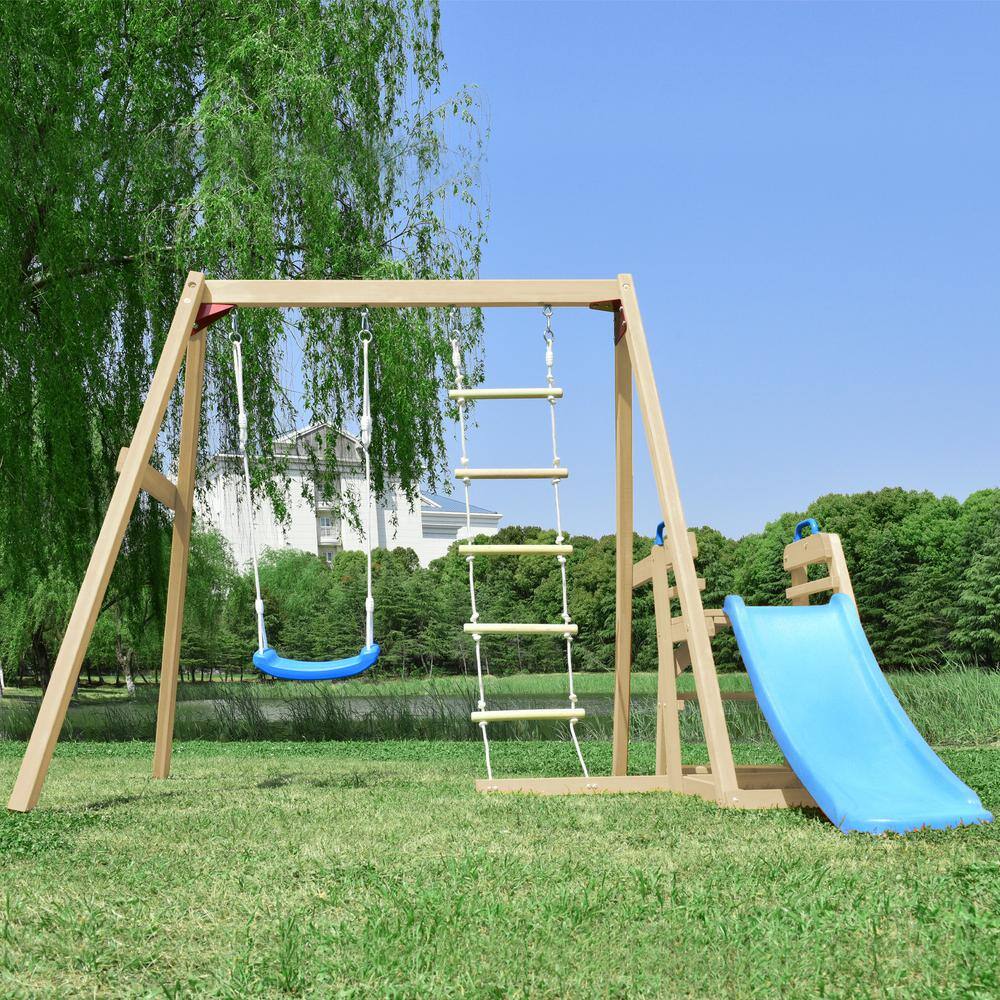 TIRAMISUBEST Outdoor Wooden Swing Set with Slide for Toddlers SWXY000062AAP