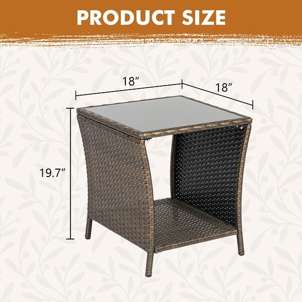 Patio Wicker Table，Outdoor Rattan Side Table，Coffee Table w/ Storage Tempered Glass Top Bistro Table，Brown