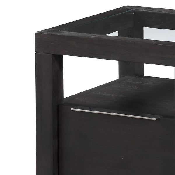 Acacia Wood End Table with Glass Insert Tabletop， Gray