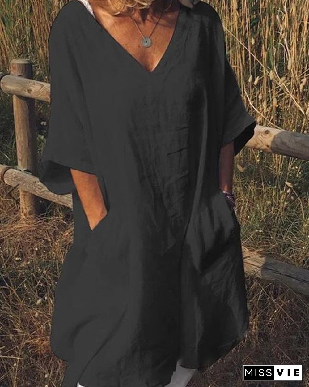 Plus Size Casual V Neck Half Sleeve Pockets Dresses