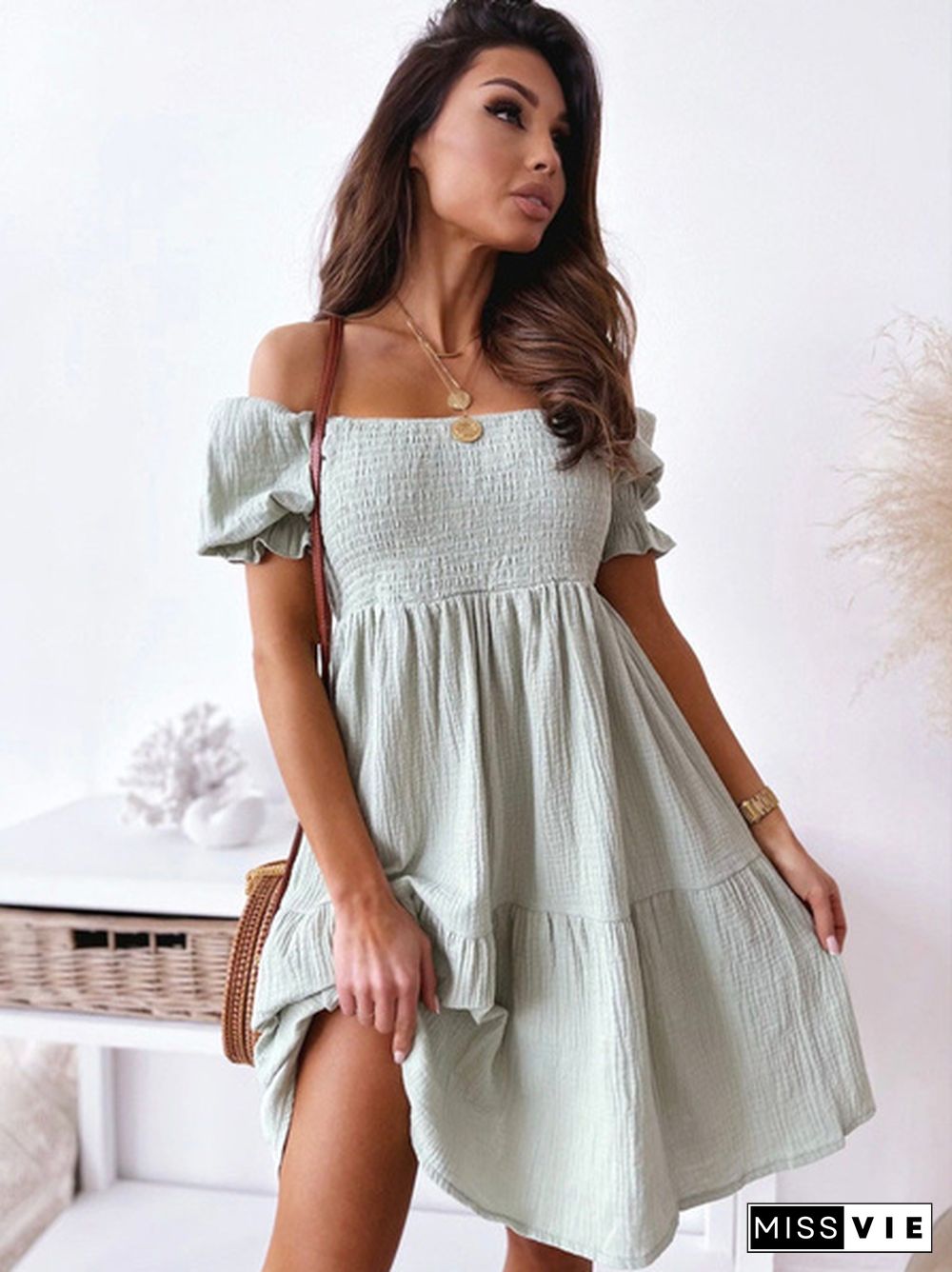 Women Summer Casual Dress Slash Collar Off Shoulder Short Sleeve Beach Dress Plus Size Mini Dress