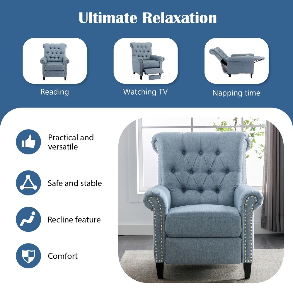 Pushback Linen Tufted Recliner Single Sofa with Nailheads Roll Arm  Adjustable Recliner for Living Room  Bedroom  Office  Blue