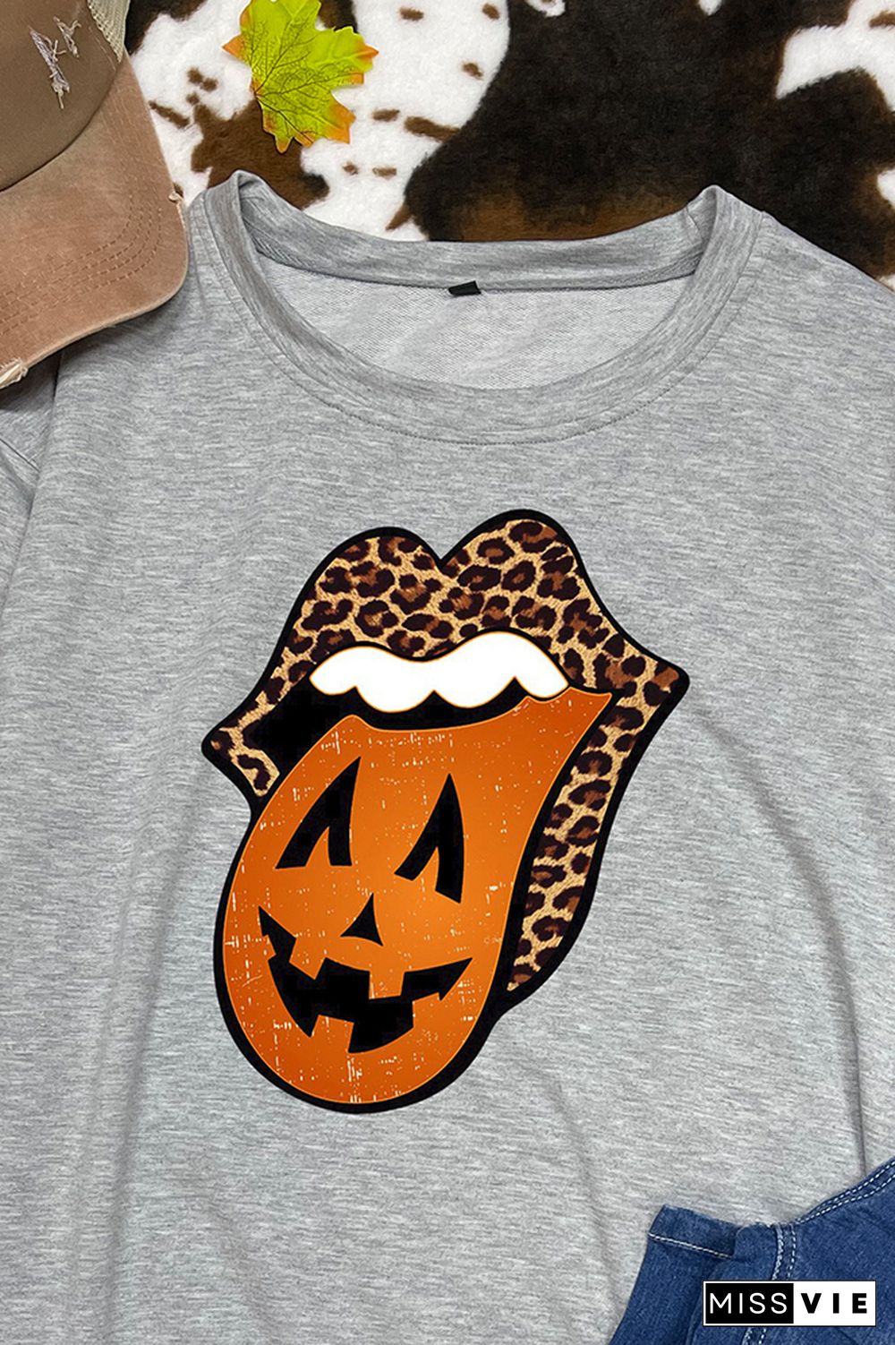 Leopard Lips Halloween Print O-neck Long Sleeve Sweatshirts Women Wholesale