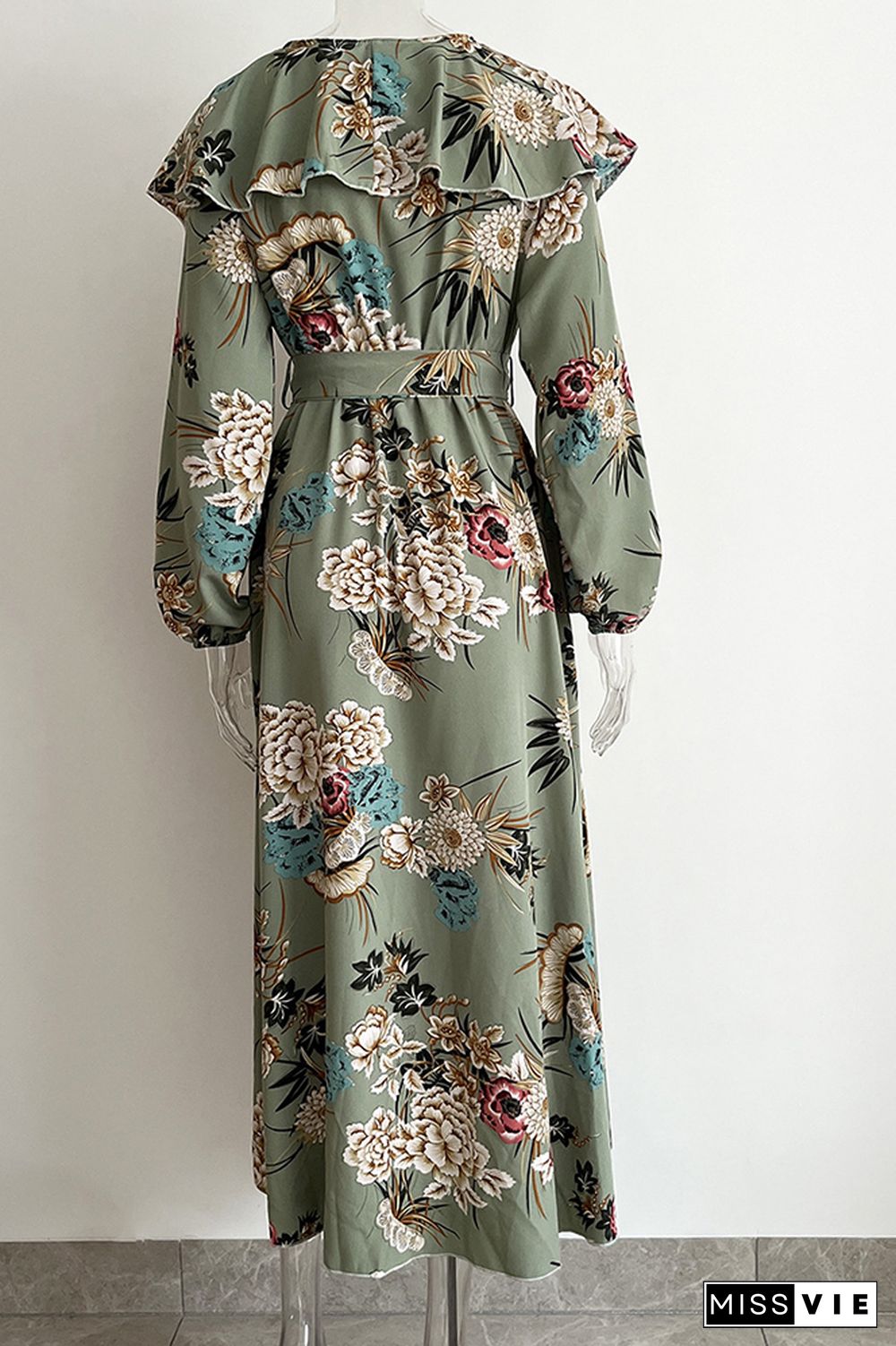 Ruffles V Neck High Split Floral Maxi Dress