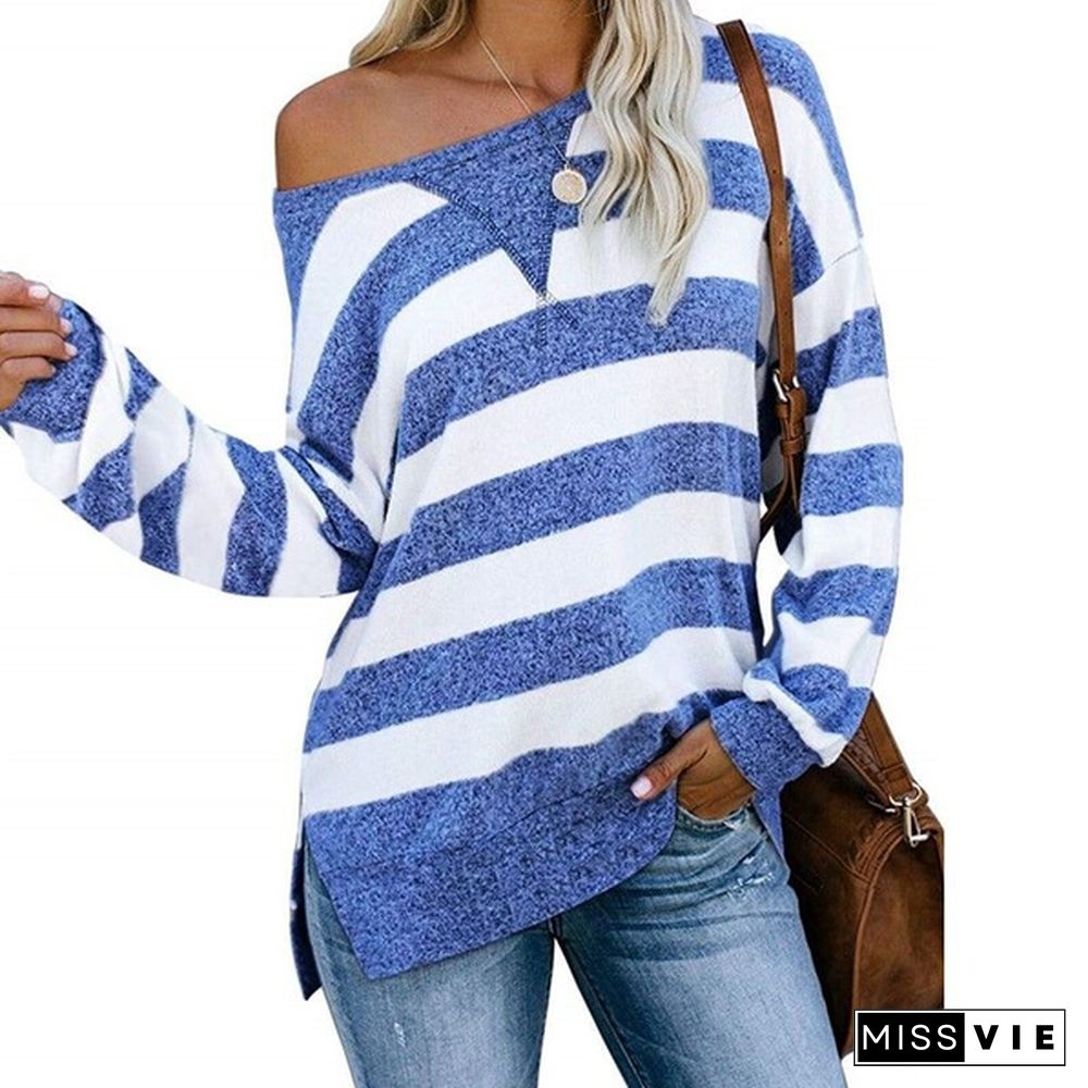 New Women Fashion Long Sleeve O Neck Striped Loose Plus Size Spring Pullover T-shirt Blouse