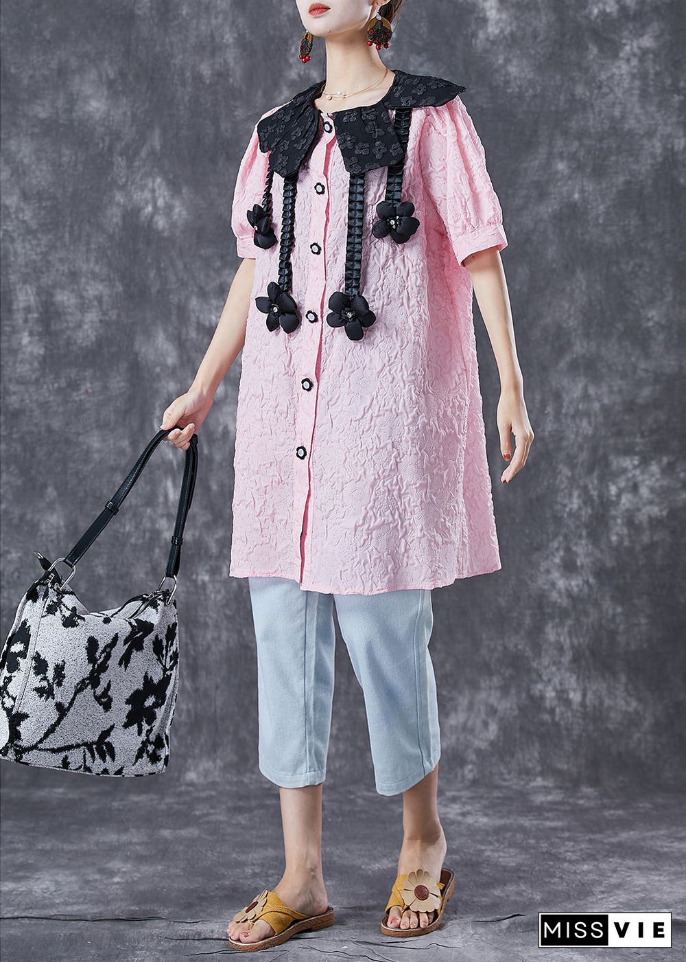 Modern Pink Jacquard Floral Cotton Shirt Dress Summer