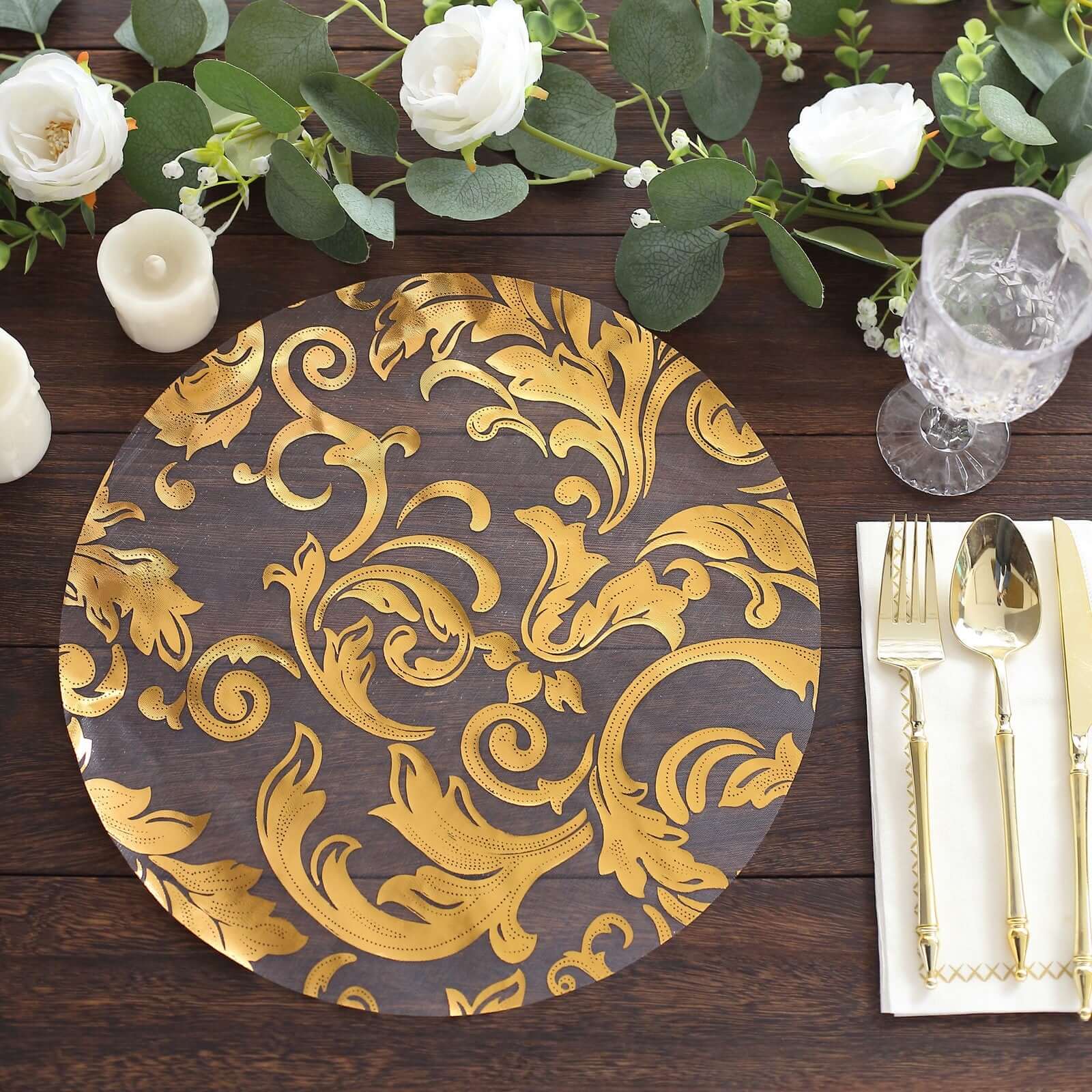 10 Pack Metallic Gold Sheer Organza Round Placemats with Swirl Foil Floral Design, 13