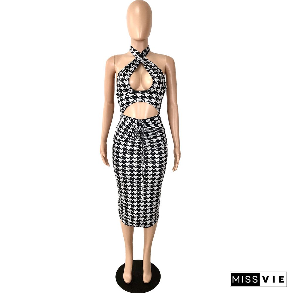 Houndstooth Print Sexy Halter Dress