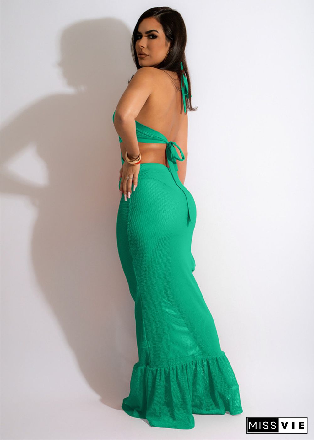 Mesh See Though Hollow Halter Backless Maxi Dresses