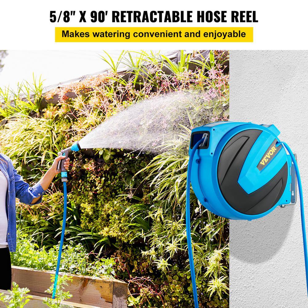 VEVOR Retractable Hose Reel 58 in. x 90 ft. Wall Mounted Garden Hose Reel with Swivel Bracket and 7 Pattern Nozzle Water Hose SSS90FT58INCHXW0AV0