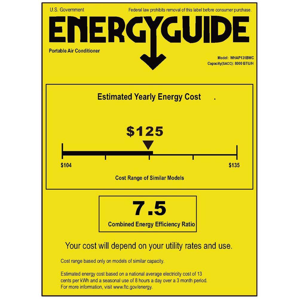 Whirlpool 10000 BTU (8000 BTU DOE) Portable Air Conditioner with Remote Digital Display Timer Wheels in White 350 sq. ft. WHAP131BWC