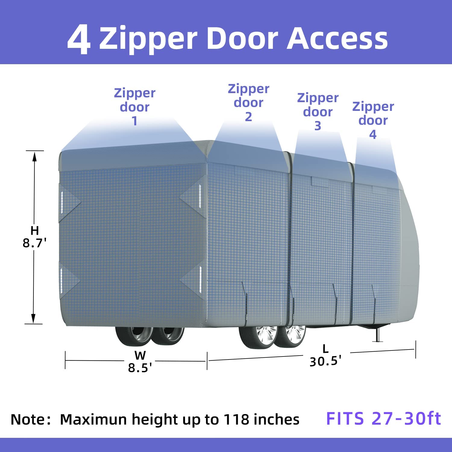 RV Cover 2022 Upgraded 7 Layers Top Travel Trailer Cover Windproof Camper Cover with RV Accessories Tongue Jack Cover， Gutter Covers， Storage Bag fits 14’-16’ RV