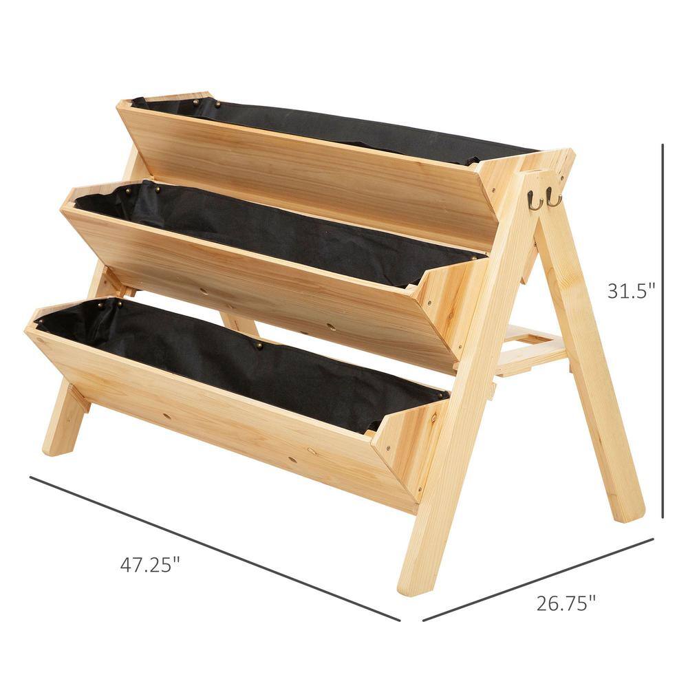 Outsunny 47 in. Natural Wooden 3-Tiers Raised Garden Bed with Side Hooks， Storage Clapboard 845-476