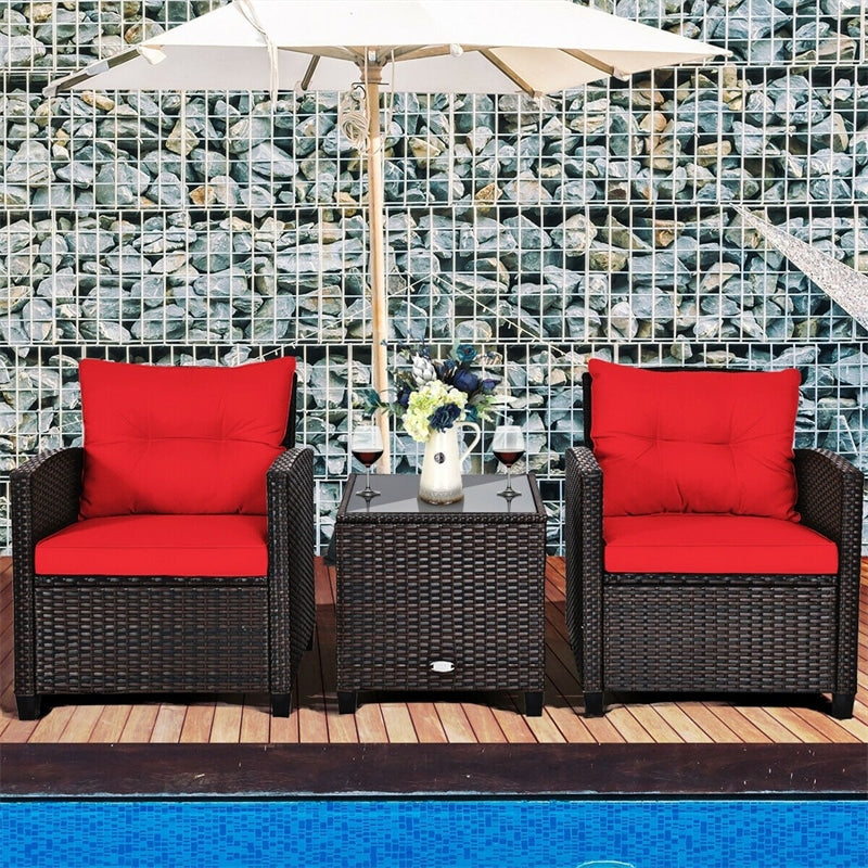 3 Pcs Rattan Patio Conversation Set Outdoor Wicker Sofa Set with Washable Cushions & Coffee Table