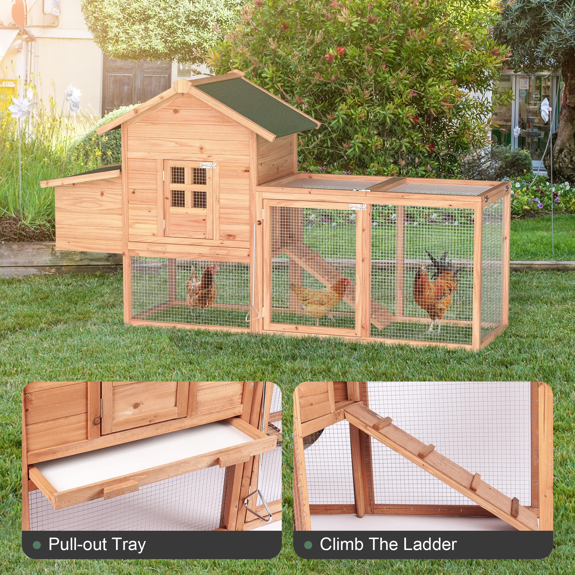 Grezone Chicken Coop Large Wooden Outdoor Hutch Hen Cage with Ventilation Castle Door Play House Nesting Boxes with Cover