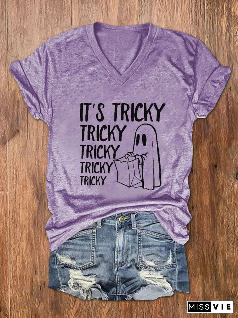 Women's It's Tricky Funny Halloween Print V-Neck T-Shirt