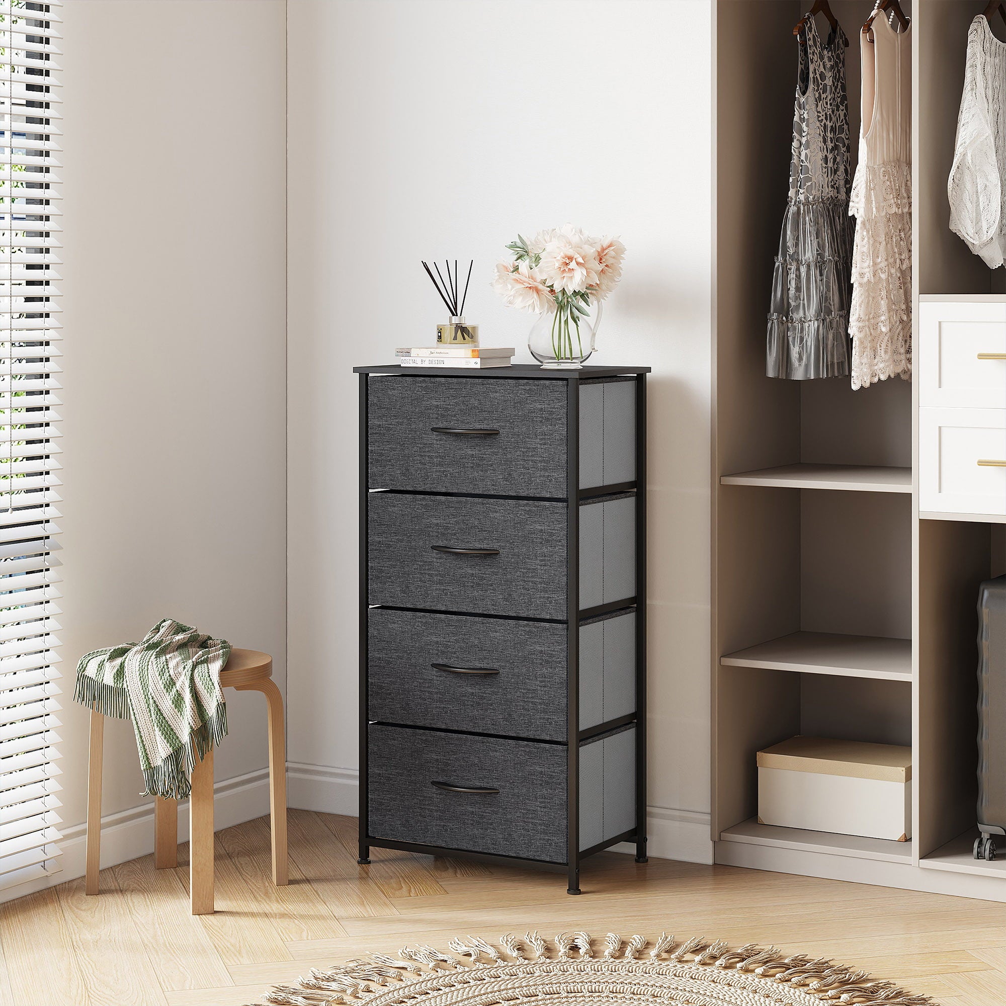 YINTATECH 4 Drawers Dresser Shelf Organizer Bedroom Bedside Storage Tower Black Grey