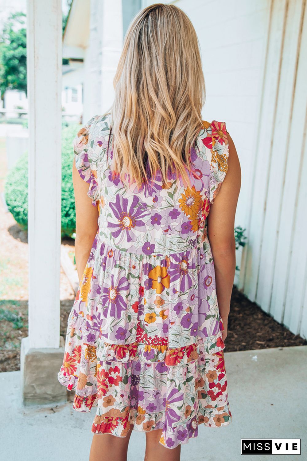 Purple White Ruffled Tank Floral Dress