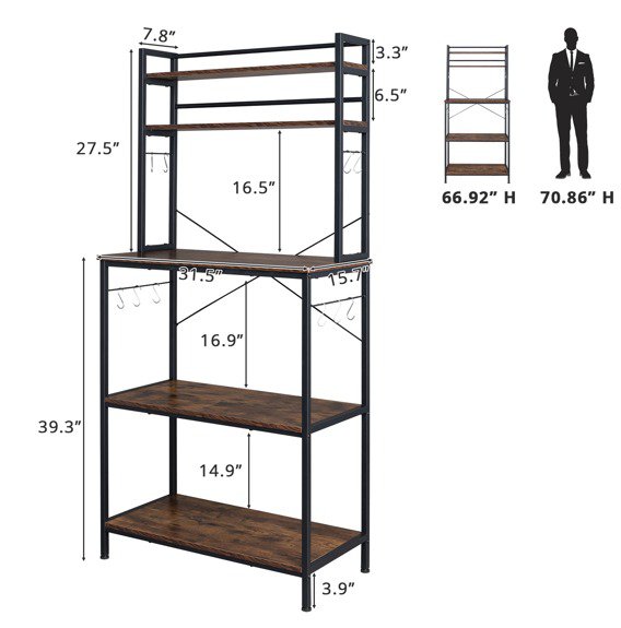 5-Tier Kitchen Bakers Rack with 10 S-Shaped Hooks， Industrial Microwave Oven Stand