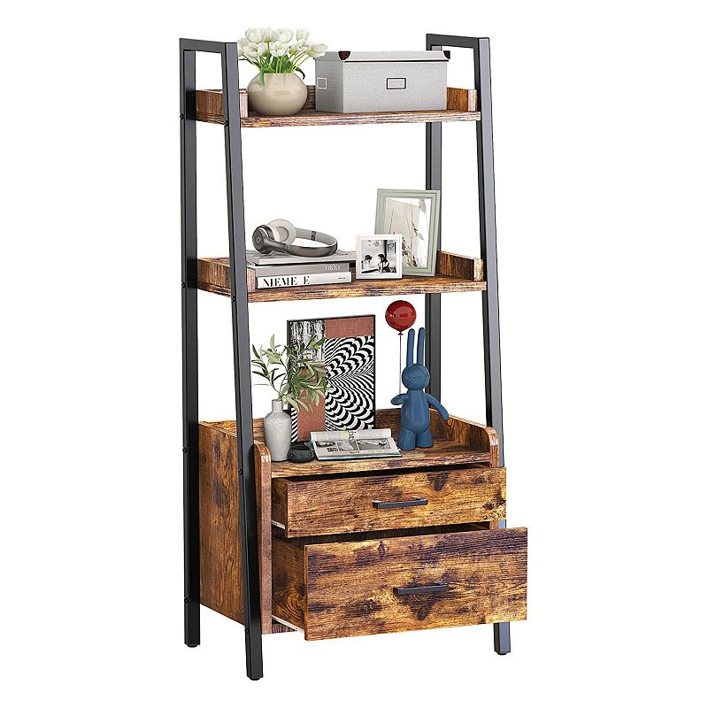 Fabato 3 Tier Display Bookcase With Ladder Shelves And Metal Frame， Rustic Brown