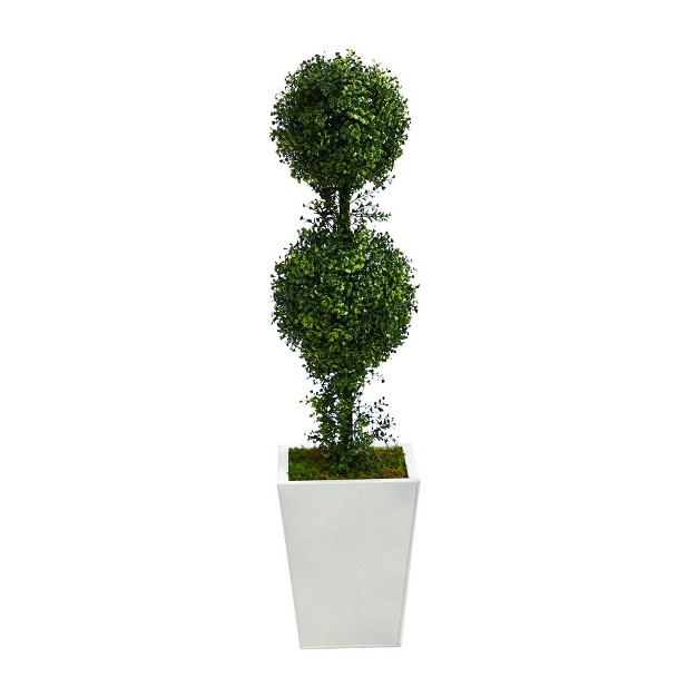 Indoor outdoor Boxwood Double Ball Topiary Artificial Tree In Metal Planter White green Nearly Natural