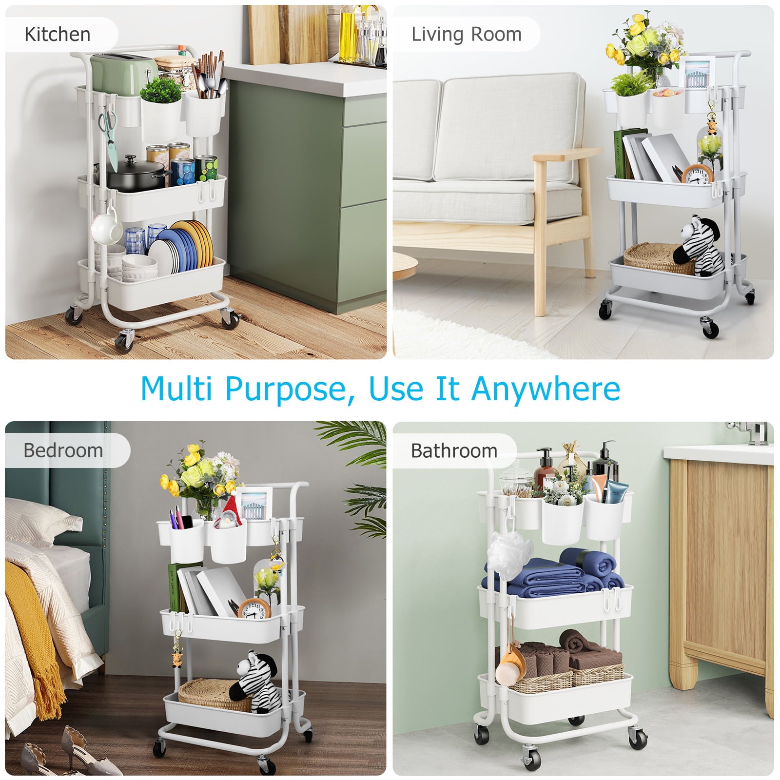 3-Tier Utility Rolling Cart，Mobile Utility Cart with Lockable Caster Wheels，Storage Shelves Organizer Cart， 4 Hanging Baskets， Easy Assembly，for Bathroom， Kitchen， Office， Workshop，White