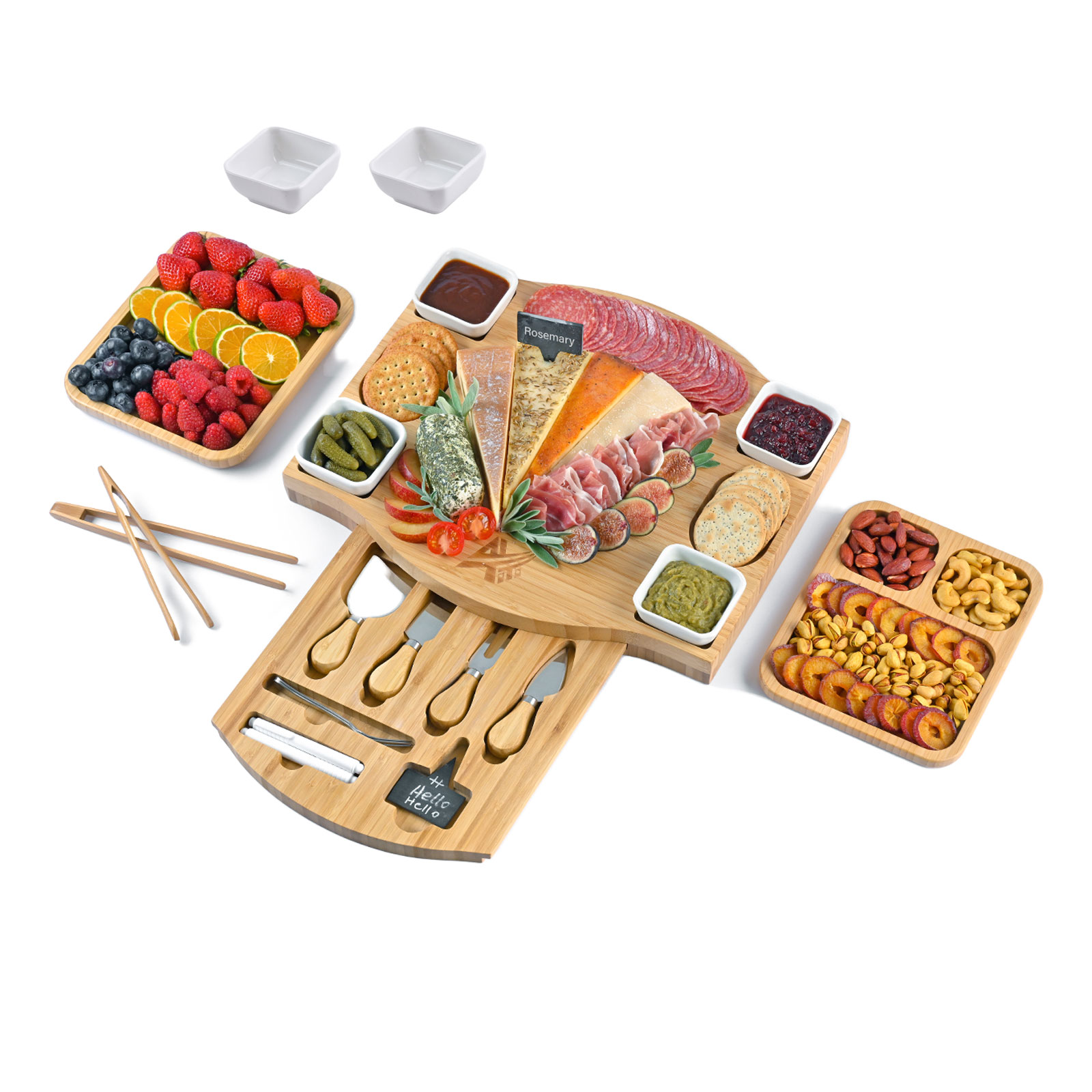 AYTITI Bamboo Cheese Board Charcuterie Platter and Serving Tray Including Free Rectangle Fruit Tray and Tong Thick Wooden Server Perfect Choice for Gourmets Set Large Boards Gifts New Home