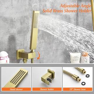 FLG Single-Handle Wall Mount Roman Tub Faucet with Hand Shower Brass Waterfall Bath Tub Filler with Sprayer in Brushed Gold SS-0199-BG