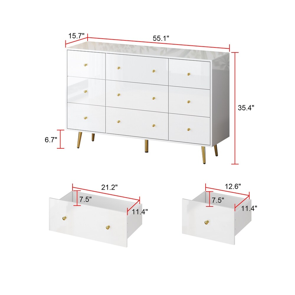 Contemporary 9 Drawer Dresser   High Gloss Finish with Gold Legs Chest