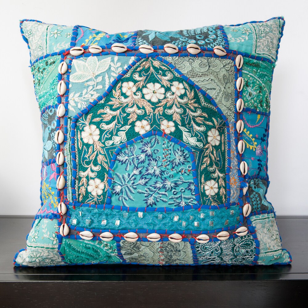 Caley Blue Sari Patchwork 22 inch Decorative Pillow