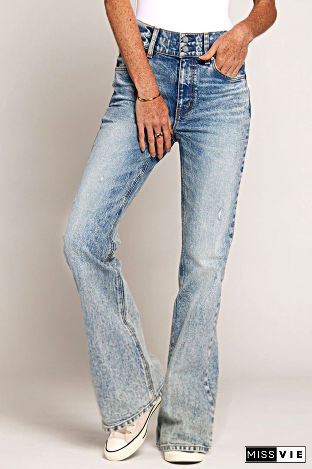 Dual Button High Waist Straight Leg Jeans