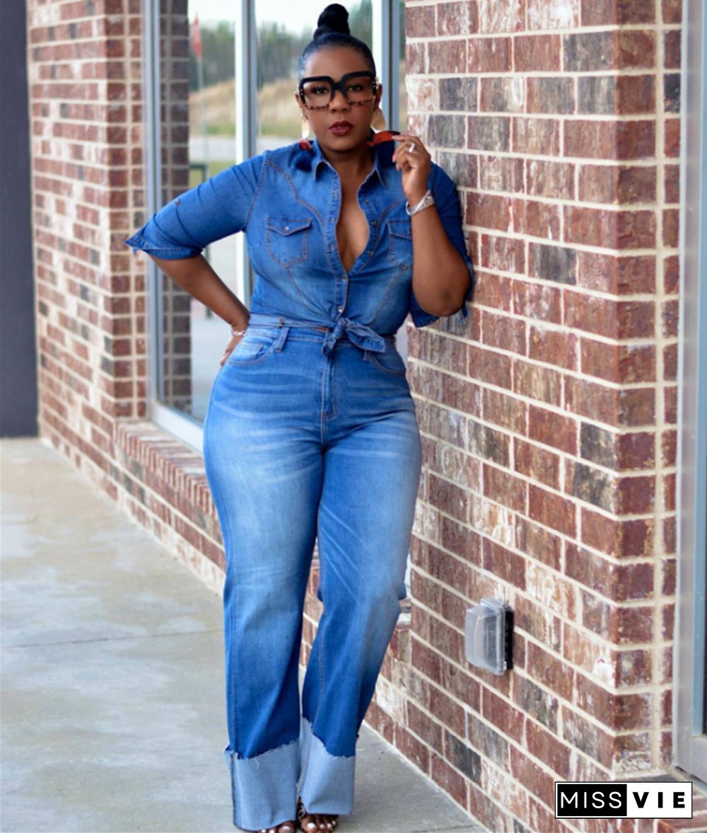 Denim Turn Down Collar Shirt Straight Jeans 2 Piece Set