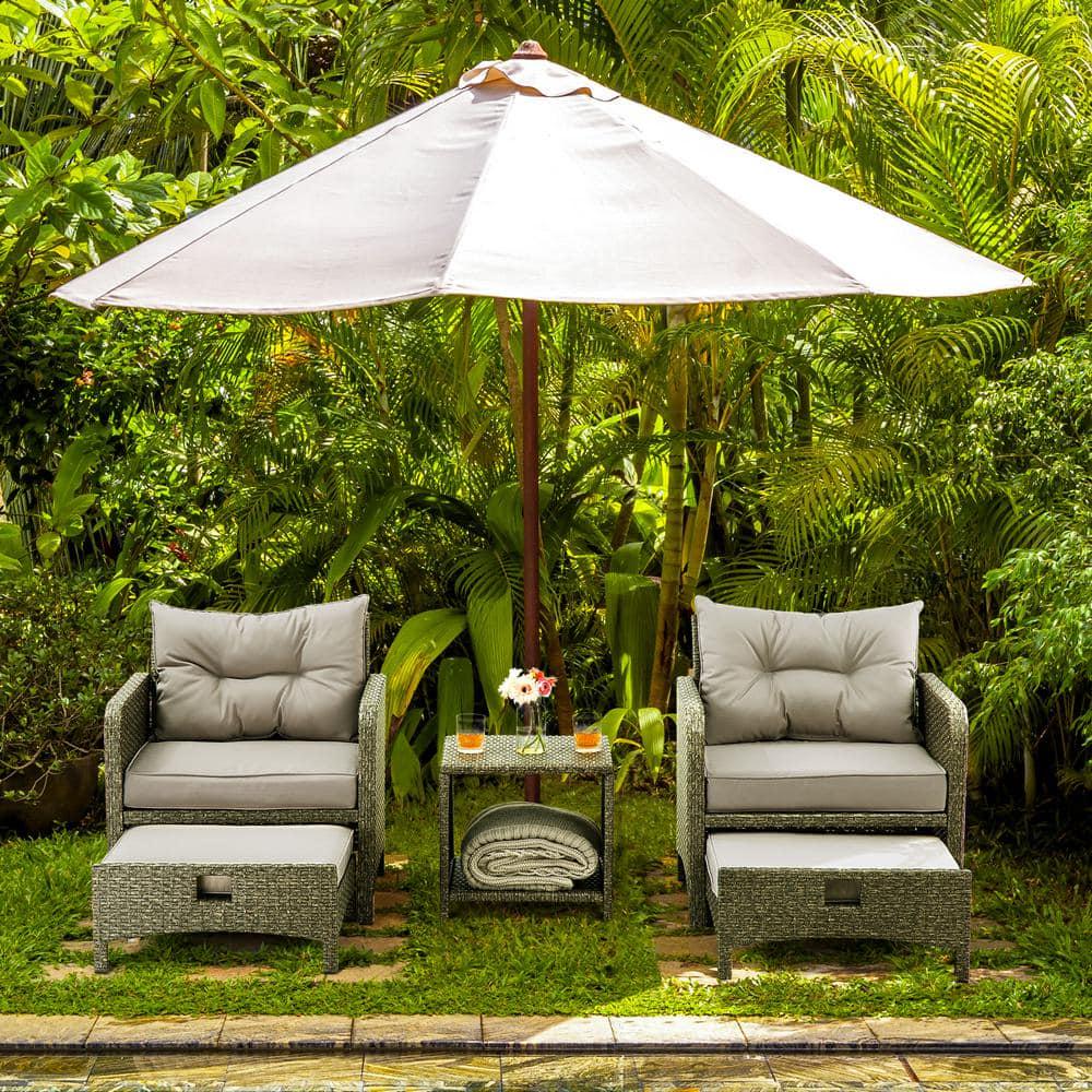 PamaPic 5Pieces Wicker Patio Furniture Set Outdoor Patio Chairs with Ottomans Gray Cushions