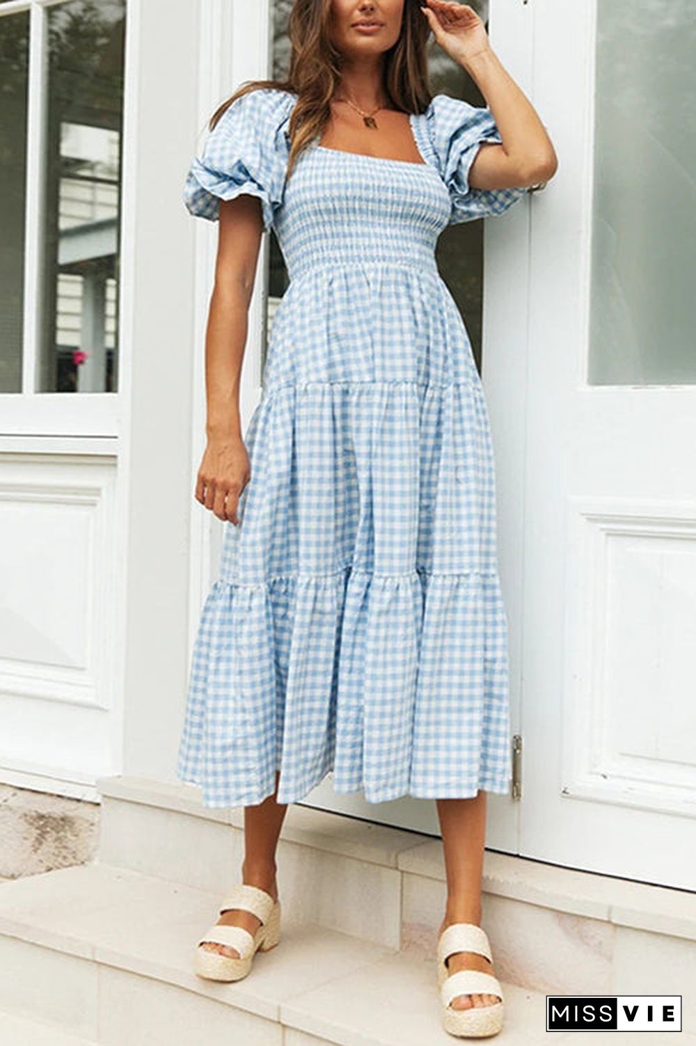 Plaid Square Neck Puff Sleeve Midi Dress