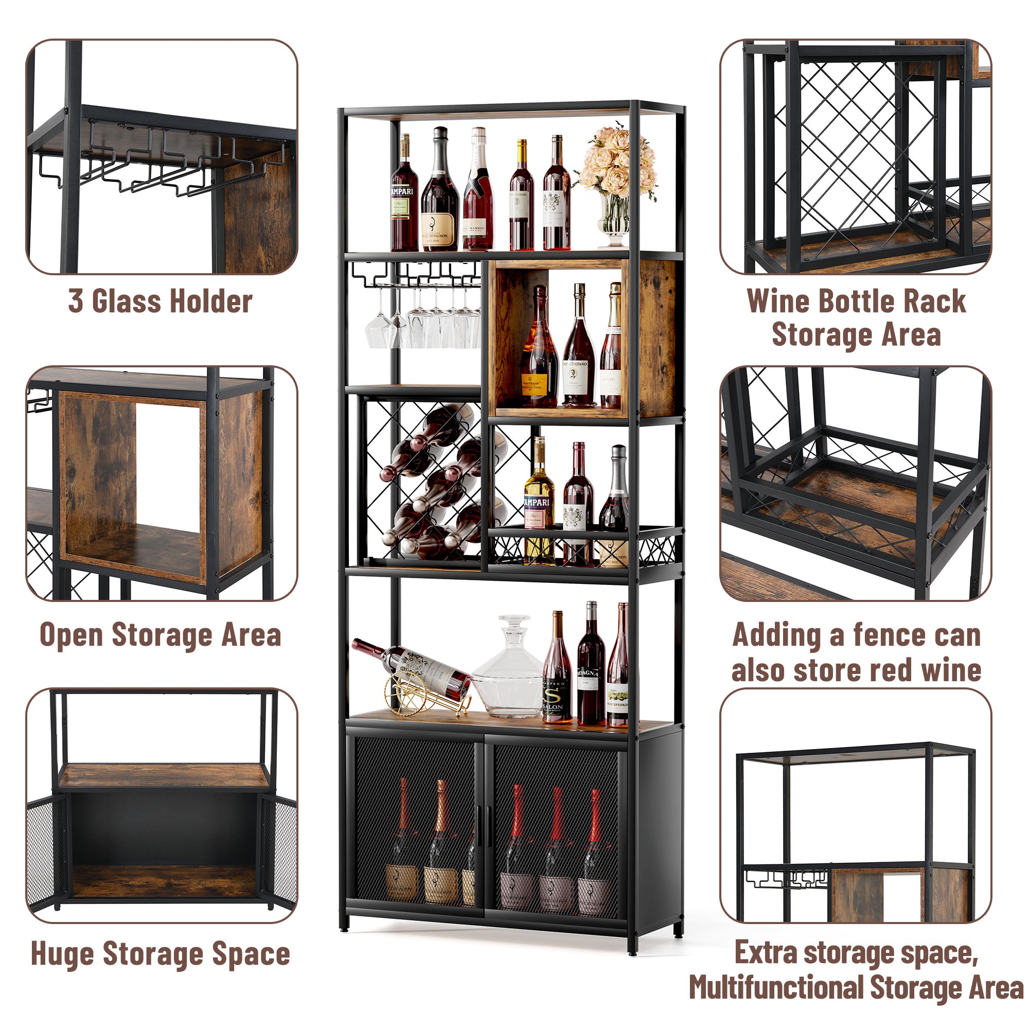 Industrial Tall Black Bar Wine Rack, 82.7 inch Wooden Home Bar Cabinet