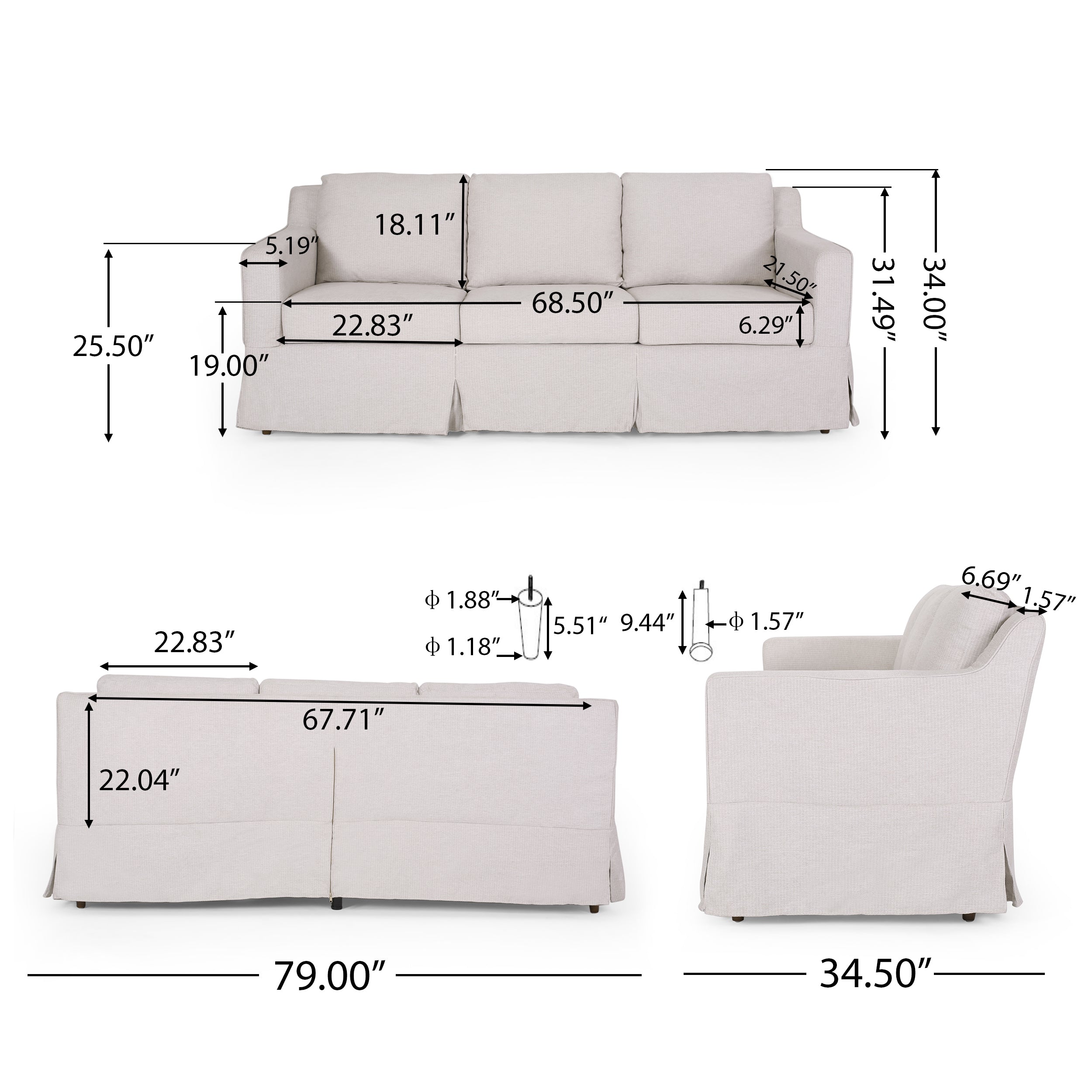 Bainville Contemporary Fabric 3 Seater Sofa with Skirt