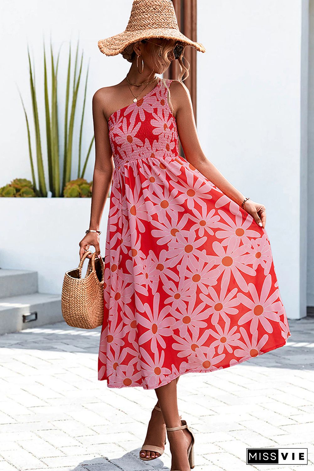 One SHoulder Flower Print Long Dress