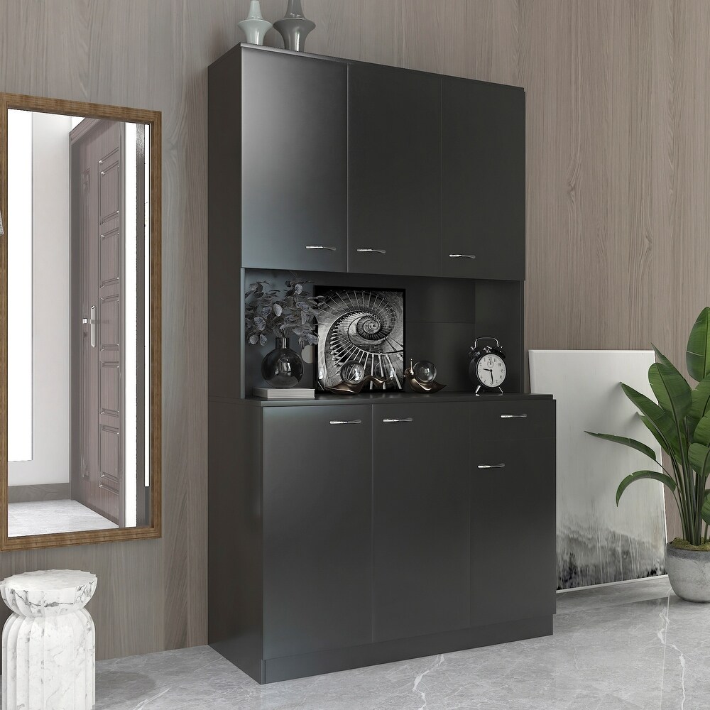 Tall Kitchen Cabinet  with 6 Doors  1 Open Shelves and 1 Drawer for bedroom Black