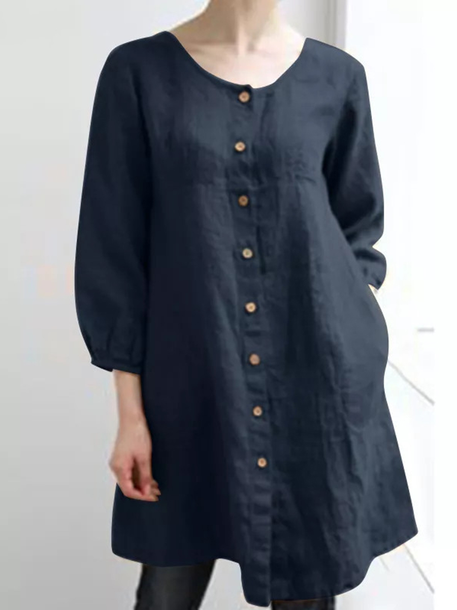 3/4 Sleeves Round Neck Linen Loose Buttoned Casual Blouses