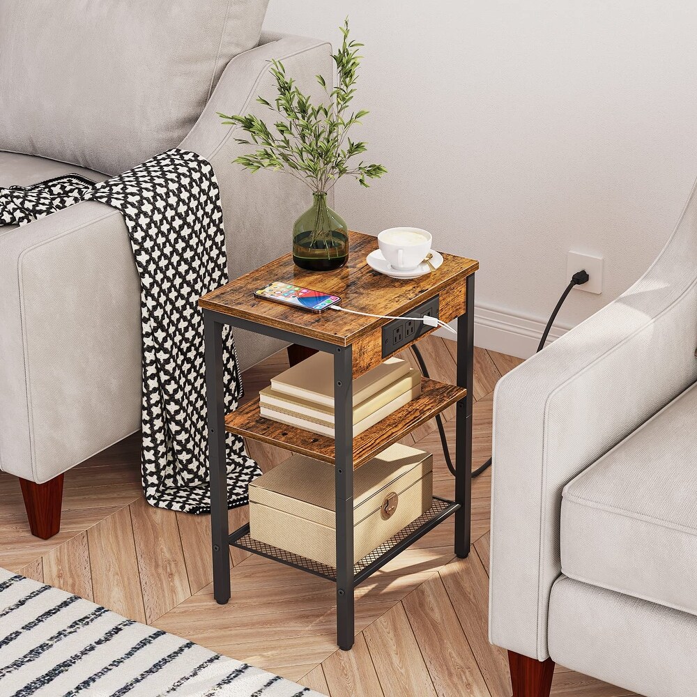 End Table Set of 2 with Charging Station and USB Ports  3 Tier Nightstands with Adjustable Shelf  Narrow Side Table