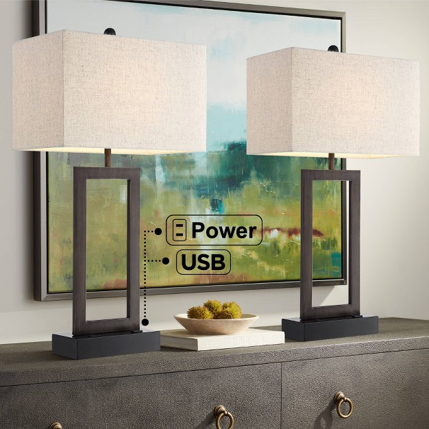 Tall Set Of 2 Bronze With Usb And Ac Power Outlet In Base Oatmeal Shade For Bedroom Living Room Bedside Desk