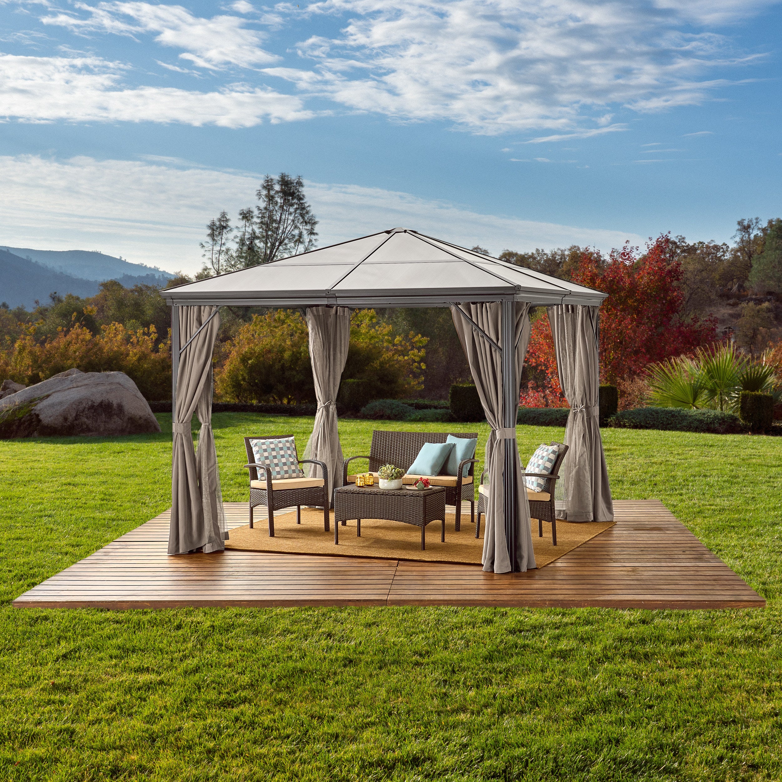 Bali Outdoor 10 x 10 Foot Aluminum Framed Hardtop Gazebo with Curtains