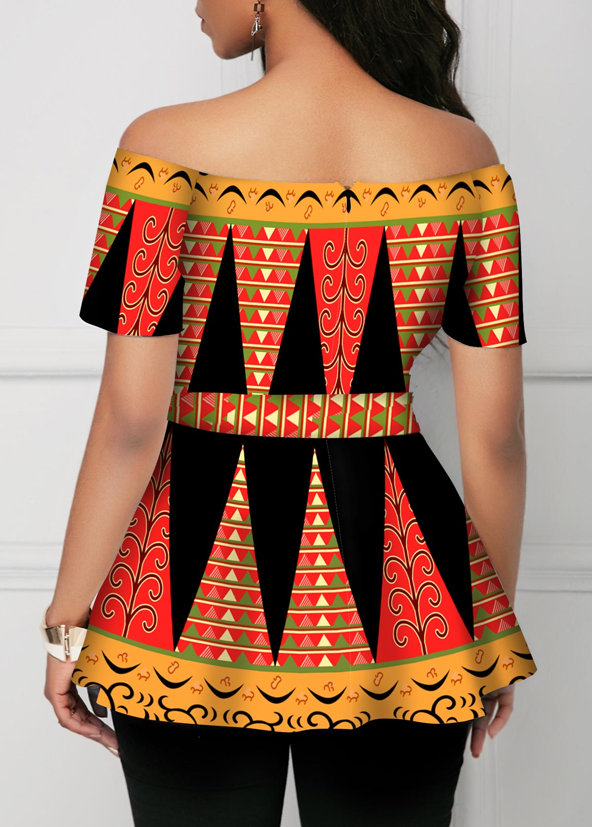 Tribal Print Off Shoulder Short Sleeve Blouse