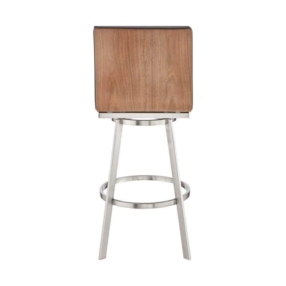 Armen Living Jermaine 30 in. Bar Height High Back Swivel Bar Stool in Brushed Stainless Steel and Grey Faux Leather 721535762057