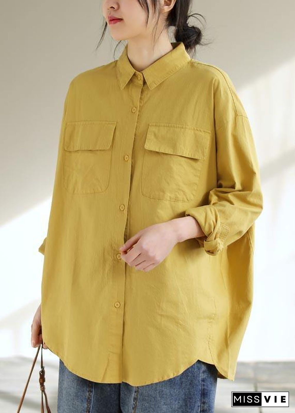 Classy Lapel Pockets Spring Top Silhouette Wardrobes Yellow Shirts