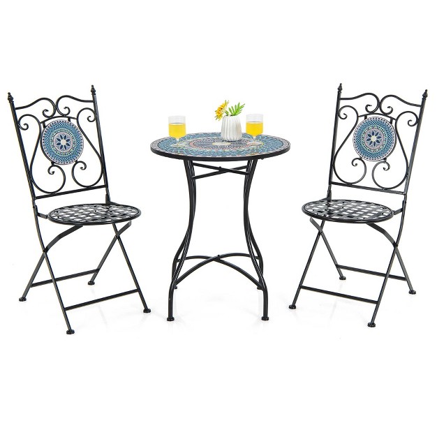 Costway 3pcs Patio Bistro Set Mosaic Pattern Heavy duty Metal Dining Folding Outdoor