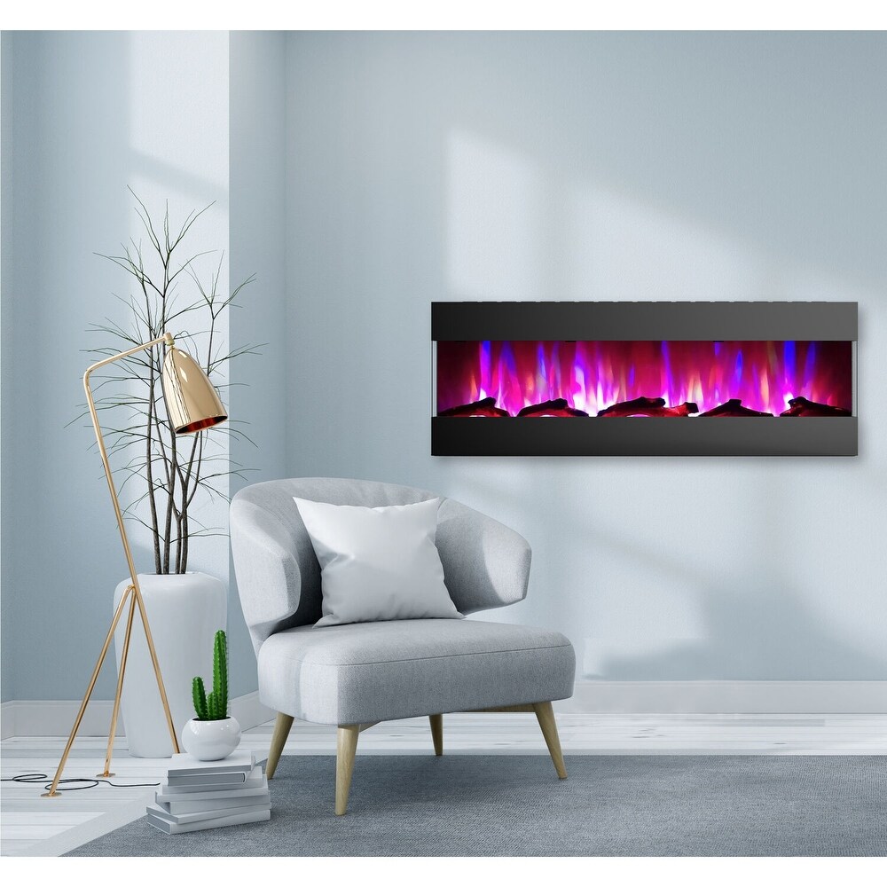 Hanover Fireside 60 In. Recessed/Wall Mounted Electric Fireplace with Logs and LED Color Changing Flame Display  Black   60 Inch