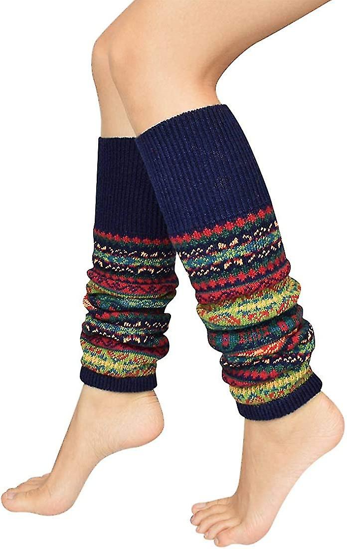 Women Leg Warmer Striped Ethnic Knitting Wool Footless Knee High Boot Socks