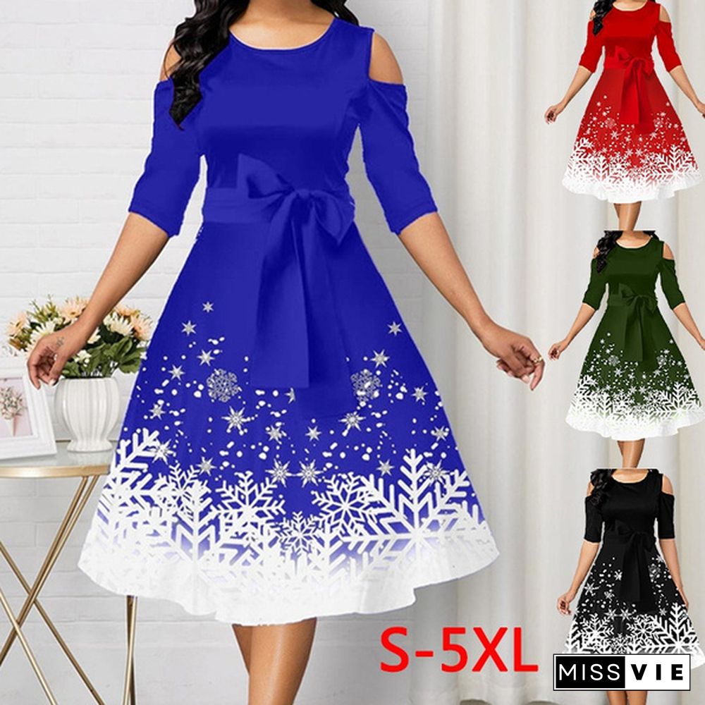 Women Fashion Belted Snowflake Print Christmas Dress Cold Shoulder Round Neck Party Dress Plus Size A-Line Dresses